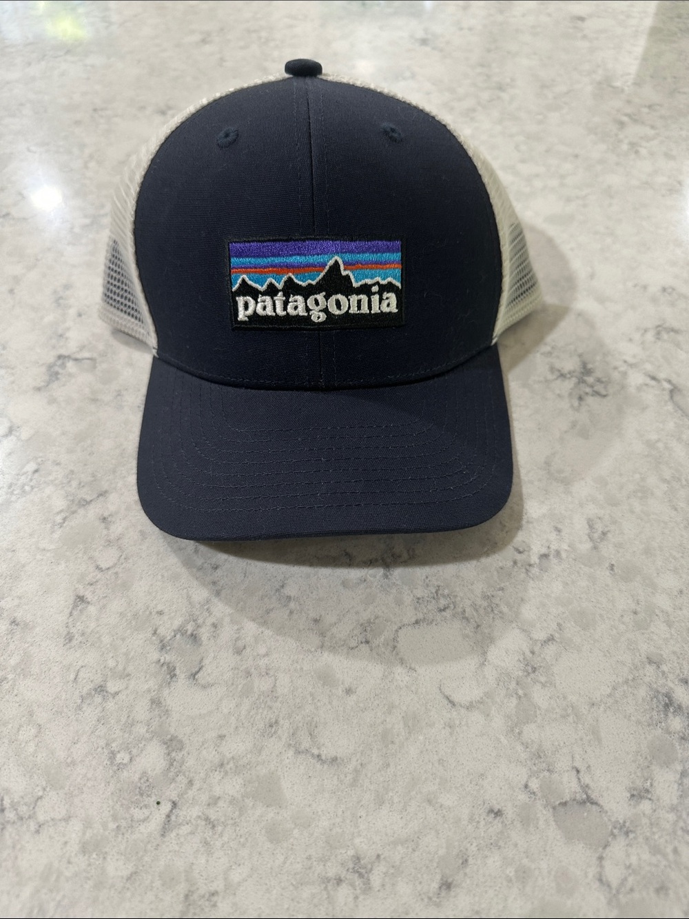 Patagonia Navy Front Trucker Hat with White Mesh and Multicolor Logo